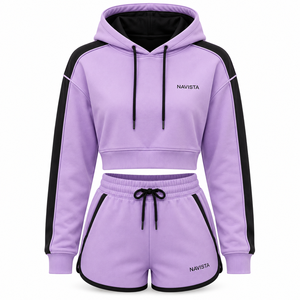 Navista Women's 2 Piece Solid Zipper Streetwear Hoodie Shorts Set Black Crop <b>Top</b> Drawstring Sweatshorts Casual Sportswear All - Product Image 6