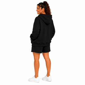 Women's 2 Piece Hoodie Shorts <b>Set</b> Solid Black Fleece Long Sleeve Loose Fit Casual Drawstring Pocket All Seasons Wear - Product Image 2
