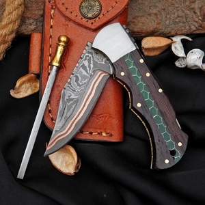 Couteau de poche pliant artisanal en acier Damas cuivré, manche en bois, étui en cuir, couteau de survie multifonctionnel pour la chasse en extérieur - Product Image 2