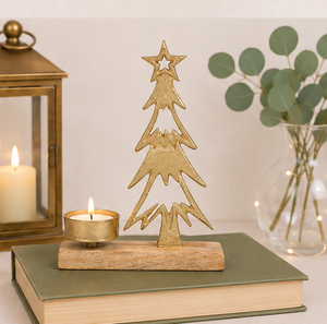 Luxury Gold Aluminum Christmas <b>Tree</b> Tea <b>Light</b> Holder With Premium Mango Wood Base For Holiday Table Centerpiece And Festive Home - Product Image 4