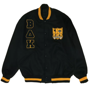 Blouson universitaire noir pour homme, style preppy, avec patch brodé lettre BAK sur la manche gauche, coupe classique, idéal pour l'automne - Product Image 1