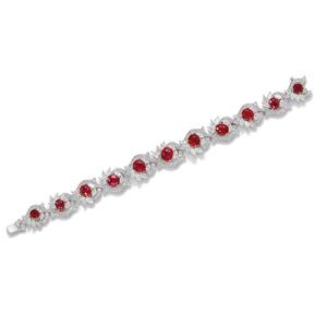 Women Rhodium Plated <b>Ruby</b> <b>Bracelet</b> With Round Brilliant Cut Diamonds Flower Design Classic Chain Link Jewelry - Product Image 1