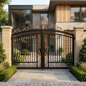 Puerta de Entrada de Hierro Forjado Galvanizado en Negro y Oro Rosa de Lujo con Paneles Geométricos Ornamentados para Uso Residencial/Villas - Product Image 2