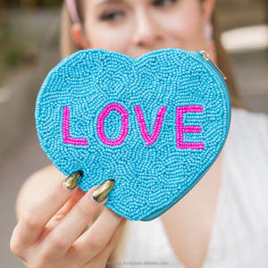 Top Seller Love Embroidery Zipper <b>Wallet</b> Rectangle Shape Beaded Coin Pouch Trendy Mini Purse Unisex Multicolor Party Natural - Product Image 5