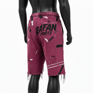 กางเกงขาสั้นผู้ชายผ้าฝ้ายฟลีซพรีเมียม 340 GSM สีแดงไวน์ ลวดลายพิมพ์โลโก้แบบดิสเทรส - Product Image 5