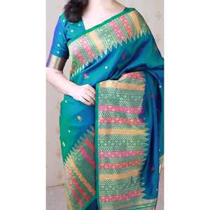 Sari en soie douce verte Meenakari Zari tissé avec bordure de temple, écharpes et châles traditionnels - Product Image 5