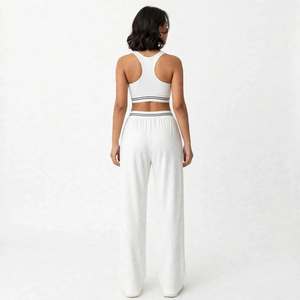 Women Yoga Set <b>White</b> Crop Top Wide Leg Pants High Waist V-Shaped Spandex/Polyester Breathable <b>2</b> <b>Piece</b> Activewear Racerback - Product Image 3