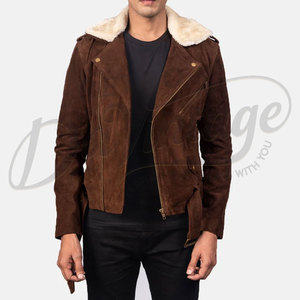 Chaqueta de Motociclista de Cuero Marrón para Hombre con Cuello de Piel de Oveja Crema, Corte Ajustado, con Cinturón, Chaqueta de Moto de Cuero Genuino - Product Image 1