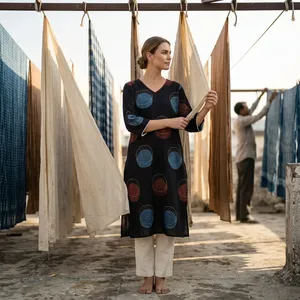 Kurti en coton imprimé pour femmes, noir, col en V, manches trois quarts, coupe droite, tunique ethnique décontractée, tenue confortable pour tous les jours - Product Image 1