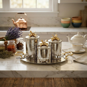 <b>Set</b> of 3 Hammered Metal Jars on Serving Tray with Decorative Gold Butterfly Lids Luxury <b>Tea</b> <b>Coffee</b> and <b>Sugar</b> Container <b>Set</b> - Product Image 2