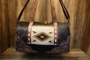 Grand sac de week-end en cuir véritable Western Aztec Black Duffel avec motif géométrique Fermeture à glissière Boho Travel Luggage Bag - Product Image 2