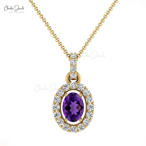 จี้เพชรทองคำแท้ 14k ทำมือ ประดับพลอยอเมทิสต์ทรงรีขนาด 7x5 มม. พร้อมวงแหวนเพชรแบบ Pave สำหรับเป็นของขวัญวันแม่ - Product Image 1
