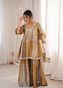 Gold Beige Modern Ethnic Co-Ord Set Women Embroidered Flared Kurta with Wide Palazzo Pants Designer Party Wear - Product Image 4
