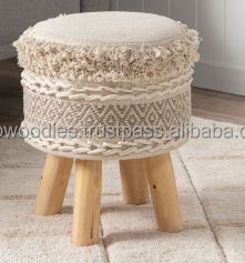 Best Selling Modern Cream Cushion Bamboo Pouf <b>Stool</b> Outdoor & Indoor Multi-Purpose Footstool for Bedroom Living Room - Product Image 6