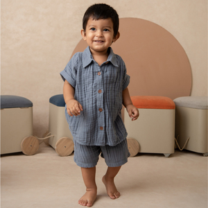 <b>Cot</b> & Candy Organic Muslin Jhabla <b>Set</b> Oversized Knitted Shirt with Shorts for Summer for 0-6 Months Baby Aqua Color - Product Image 6