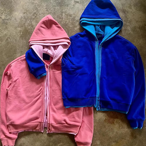 เสื้อฮู้ดดี้สตรีทแวร์ผ้าฝ้ายหนานุ่มแบบเฟรนช์เทอร์รี่ สีพื้น ซิปสามชั้น น้ำหนัก 420 กรัม สำหรับผู้ชาย ขายดี - Product Image 6