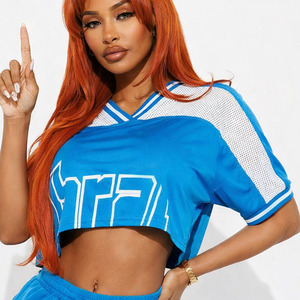 Conjunto deportivo de dos piezas para mujer, estilo jersey de fútbol americano, azul, corto, de malla, transpirable, con cuello en V, top corto. - Product Image 6
