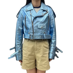 Veste en cuir d'agneau courte pour femme, livraison rapide, broderie camouflage, perles, doublure en coton, coupe-vent, mode, bleu, motard - Product Image 1