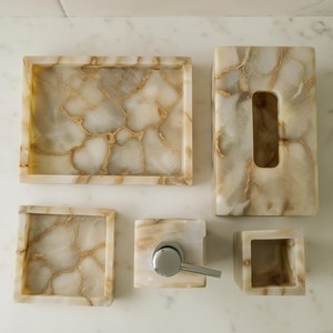 Natural Onyx <b>Bathroom</b> <b>Accessories</b> <b>Set</b> | Beige Resin Vanity Decor <b>Bathroom</b> <b>Accessories</b> <b>Set</b> Rectangle Luxury Four-Piece - Product Image 5