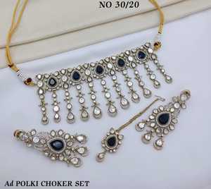ชุดสร้อยคอพร้อมต่างหูแบบขายส่งสำหรับเจ้าสาว AD Polki Choker ประดับเพชรแบบอเมริกันระยิบระยับ พร้อมพู่ห้อยและต่างหูแบบ Mangtika ชุดเครื่องประดับงานแต่งงานสไตล์ชาติพันธุ์ - Product Image 2