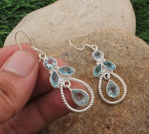 Natural <b>Blue</b> <b>Topaz</b> Solid 925 Sterling Silver Handmade Silver Plated Luxury Vintage Drop <b>Earrings</b> Wedding Anniversary Gift Party - Product Image 2