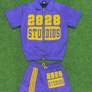 Conjunto de Sudadera con Capucha y Pantalones Cortos con Cremallera Personalizado, Bordado Desgastado, Parche, Lavado Ácido y Pedrería para Hombre - Product Image 1