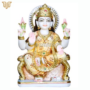 Estatua de la Diosa Lakshmi en Mármol |   Diosa Lakshmi de Cuatro Brazos con Flores de Loto por MALIYAS Jaipur - Product Image 3