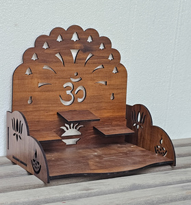 Handcrafted Wooden Pooja <b>Mandir</b> with OM Symbol & Kalash Cutwork Design – Scalloped Crown Temple Shelf | 28x20x29cm - Product Image 3