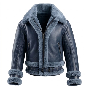 Chaqueta de cuero blanca de borrego para hombre al por mayor, abrigo vintage de invierno con cuello de piel sintética, chaqueta de aviador con cremallera - Product Image 6