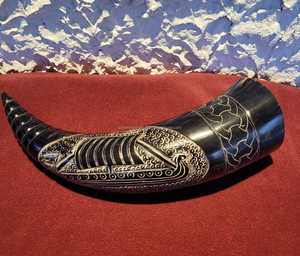 Valhalla Norse Inspired Vikings Medieval Ancient Culture Hand Carved Real Buffalo Ox Drinking horn <b>Fire</b> Effected Latest Design - Product Image 4