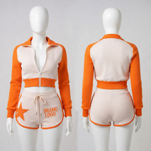 Conjunto de dos piezas para mujer al por mayor, personalizado, con chaqueta corta con cremallera y pantalones cortos a juego, con diseño de patchwork naranja. - Product Image 1