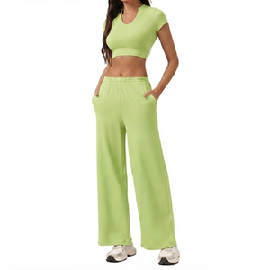 Women's 2-Piece Quick Dry Activewear Set Short Sleeve <b>Crop</b> <b>Top</b> & Wide Leg Lounge Pants Spandex/Nylon High Waist Gym Workout - Product Image 1