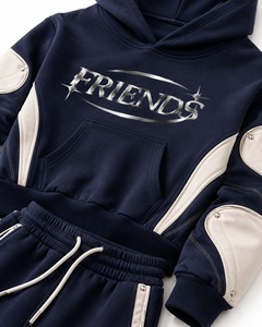 Ensemble sweat à capuche personnalisé avec logo, bleu marine et blanc, crop top oversize et pantalon large, unisexe, décontracté, pour l'automne - Product Image 2