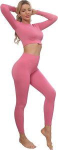 Conjunto de Yoga de 2 Piezas con Cintura Alta y Top Corto de Manga Larga con Cuello Redondo, Leggings sin Costuras Transpirables, Ropa Deportiva para Mujer - Product Image 6