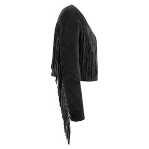 Premium Black Women Fringe <b>Suede</b> <b>Leather</b> <b>Jacket</b> Collarless Open Front Crop Length <b>Jacket</b> Sample And Customization Available - Product Image 2