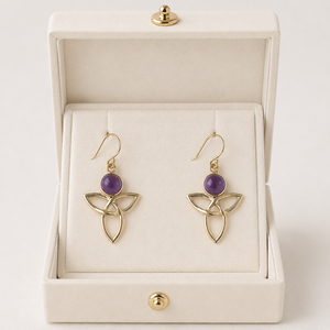 Natural Amethyst Celtic Knot <b>Dangle</b> <b>Earrings</b> <b>Gold</b> Plated Sterling Silver Round Cabochon Gemstone Jewelry Gift For Women - Product Image 4