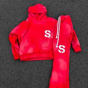Custom Men Embroidered Flared <b>Sweatpants</b> Tracksuit Vintage Streetwear Heavyweight Cotton Zip up Hoodie Acid Wash Hoodie <b>Set</b> - Product Image 1