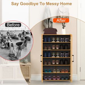 Scarpiera a 6 Ripiani Autoportante in Bambù con 2 Ante Vuote e Maniglie, Capacità Massima di Carico 70 kg, Organizzatore - Product Image 5