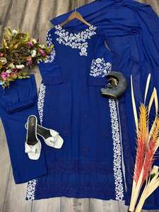 Conjunto de Kurta/Kuri con Bordado de Diseño Moderno y Dupatta, Hermoso Vestido Tradicional para Fiestas, Elegante Color Azul Flor - Product Image 6
