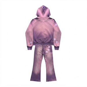 Ensemble de survêtement à capuche tie-dye violet pour homme, manches longues, imprimé étoiles dégradé, joggers décontractés avec poches latérales, tenue d'automne - Product Image 3
