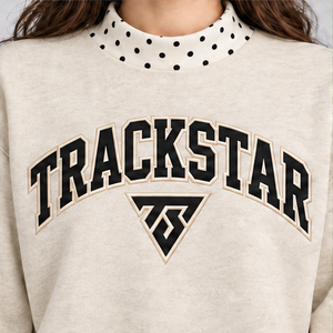 Women's Ivory Mock Neck <b>Sweatshirt</b> with <b>Black</b> Polka Dot Trim and Varsity Graphic Long Sleeve Casual Pullover Custom Wholesale - Product Image 5