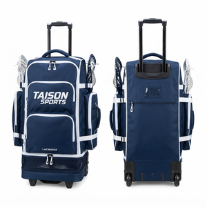 Premium 420 GSM 600D Polyester <b>Wheeled</b> Lacrosse <b>Bag</b> Navy White Panel Custom Logo Team <b>Travel</b> - Product Image 1