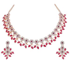 Luxury Ethnic Rose Gold Plated Pink Stone Flower <b>Choker</b> Set Bohemian Leaf Design Statement Necklace Wedding Engagement Party - Product Image 2