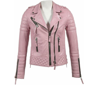 Women's Pink genuine <b>Leather</b> Moto <b>Jacket</b> Quilted Full Sleeve Turn-down Collar Zipper Closure Autumn Style Regular Fit - Product Image 5