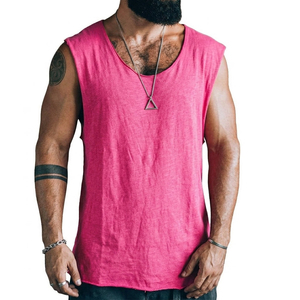 Wholesale Custom Men's Deep Scoop Neck Soft Cotton Muscle Tank Top Raw Edge Dropped Armhole Fitness Gym Wear Tank Tops For Men - Product Image 3