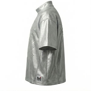 เสื้อยืดผู้ชายสีเงินเมทัลลิกประดับเพชรเทียมทรงโอเวอร์ไซส์ สไตล์สตรีทแวร์สุดหรู ประดับคริสตัล แฟชั่นเสื้อยืด - Product Image 5