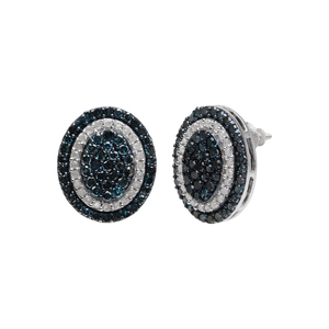 Pendientes de tuerca con halo ovalado de diamantes naturales azules y blancos de corte redondo de 1.87 quilates, plata de ley 925, color G-H - Product Image 2