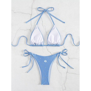 2026 New Women's Rhinestone Sky Blue Triangle <b>Bikini</b> <b>Set</b> Halter Neck Side Tie Two Piece Swimwear Light Blue Beachwear Bulk Order - Product Image 4
