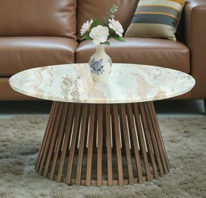 Table basse ronde en marbre avec base sphérique en laiton et bordure en bois, design moderne et luxueux, disponible à prix de gros. - Product Image 2