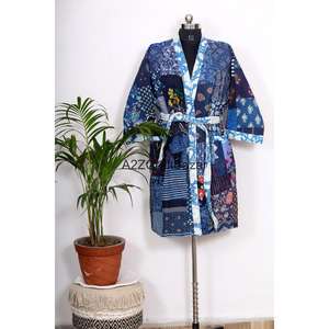 Kimono vintage indien de luxe fait main en kantha, robe courte pour femmes, 100% coton, séchage rapide, doux, respirant, plage - Product Image 3